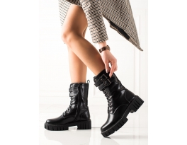 Dizajnové dámske  členkové topánky čierne na plochom podpätku