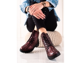 Komfortní  kotníčkové boty dámské červené na plochém podpatku