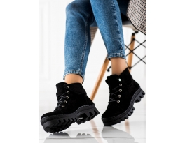 Designové  kotníčkové boty dámské černé na plochém podpatku