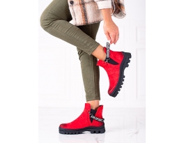 Komfortní dámské  kotníčkové boty červené na plochém podpatku