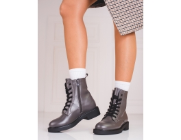 Krásné  kotníčkové boty dámské šedo-stříbrné na plochém podpatku