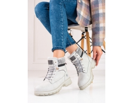 Trendy  kotníčkové boty dámské šedo-stříbrné na plochém podpatku