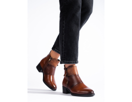 Originální dámské  kotníčkové boty hnědé na širokém podpatku